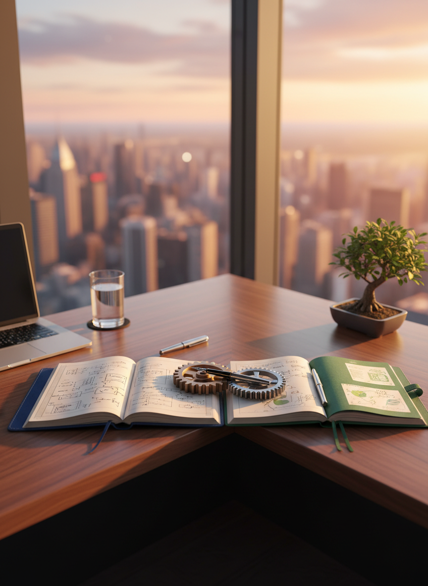 A polished walnut desk in a corner office near a large window revealing a sunset skyline, with two open notebooks meeting in the middle, interlocking metal gears, and a small bonsai, symbolizing synergy and partnership.