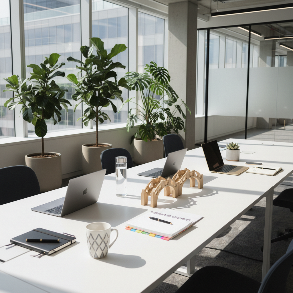 A long, clean white desk stretching diagonally across a bright open-plan office, bearing three distinct workstations represented only by neatly arranged laptops, notebooks, and contrasting accessories, hinting at diverse working styles. Between the laptops, a small cluster of interlocking wooden bridge-shaped models connects each setup, symbolizing partnership and support. Behind the desk, tall indoor plants with deep green leaves soften the glass-and-steel environment. Diffused midday light pours in from large side windows, creating soft, even illumination and subtle desk shadows. Captured from a slightly elevated angle with sharp focus throughout, the composition uses the rule of thirds to emphasize the bridges. The mood is collaborative and forward-looking, rendered in photographic realism with a polished, professional business tone.