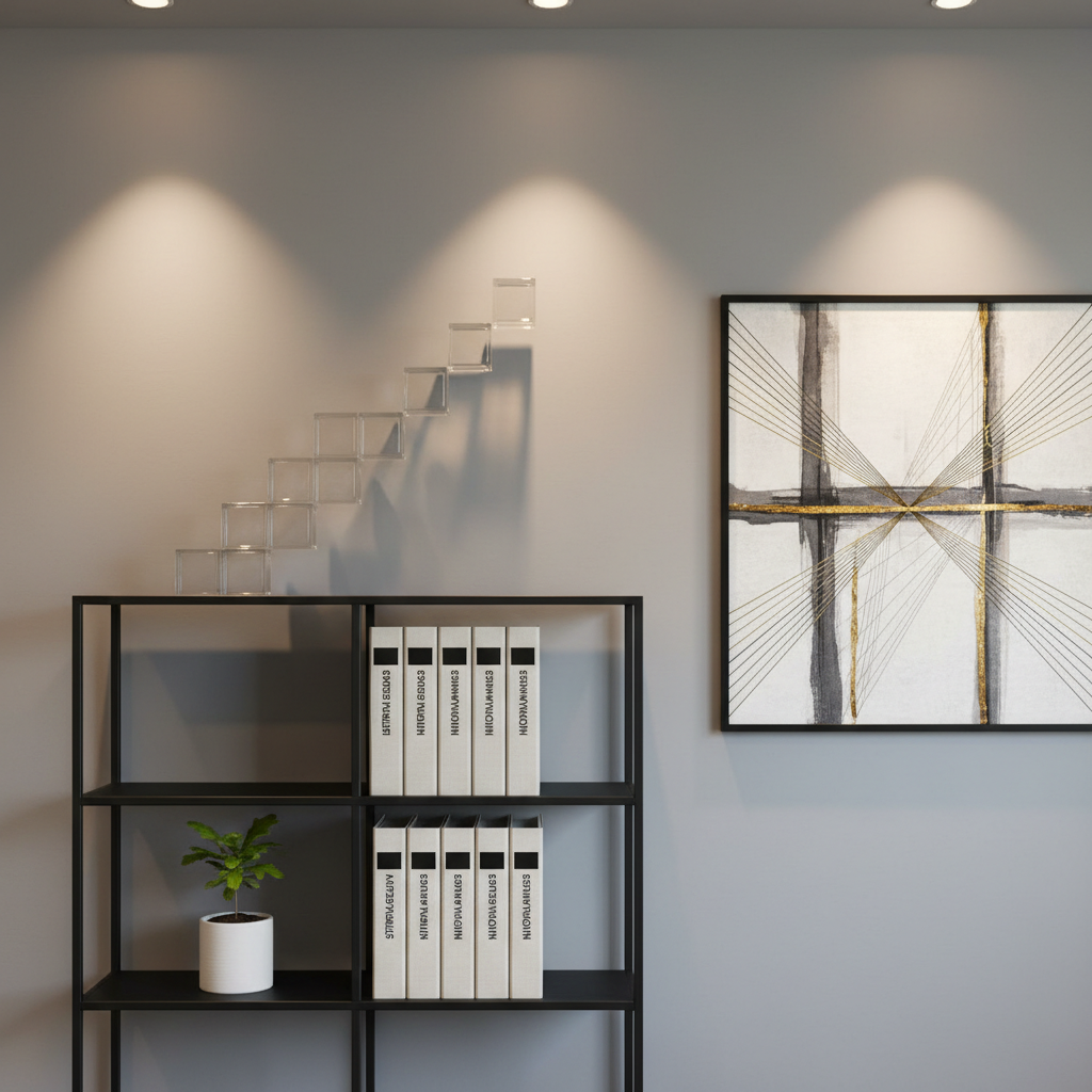 A minimalist black metal shelving unit against a soft gray office wall, each shelf displaying carefully arranged objects that represent stages of business growth: a small sapling in a white ceramic pot at the bottom, a stack of neatly bound strategy binders in the middle, and a rising row of crystal-clear glass blocks forming a staircase on the top shelf. A large framed abstract artwork with intersecting lines resembling bridges hangs nearby. Warm overhead spotlights create focused pools of light, casting defined yet gentle shadows on the wall. Shot straight-on with centered composition and moderate depth of field, the image feels calm, intentional, and strategic. Photographic realism with a refined, corporate aesthetic underscores the idea of structured support and long-term partnerships.